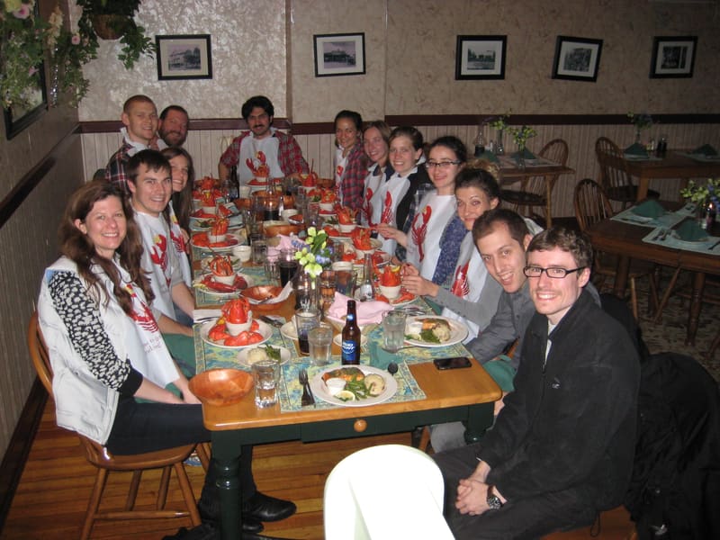 The lab sharing a lobster dinner at the retreat house