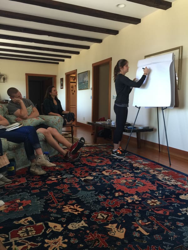 A lab member giving a chalk talk during the retreat