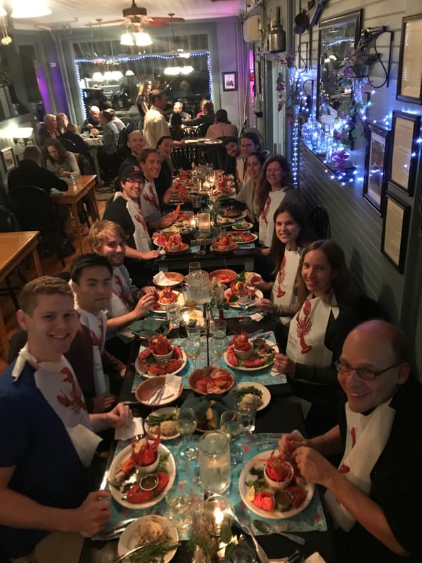 The lab sharing a lobster dinner