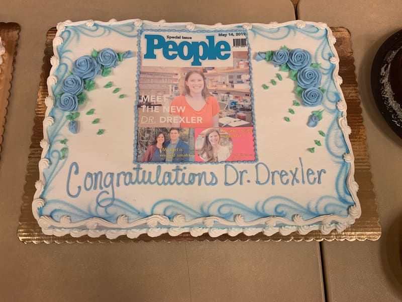 A cake reading Congratulations Dr. Drexler