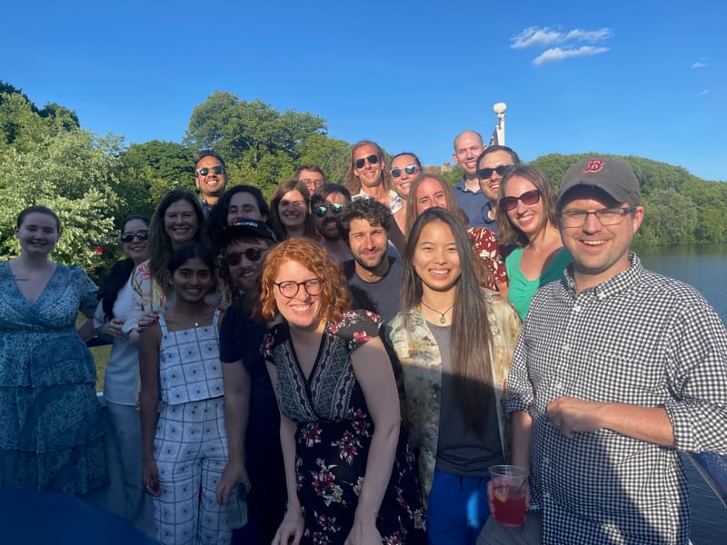 Lab members gathering for a group photograph on the boat