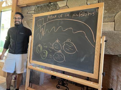 A lab member presenting beside the retreat chalkboard